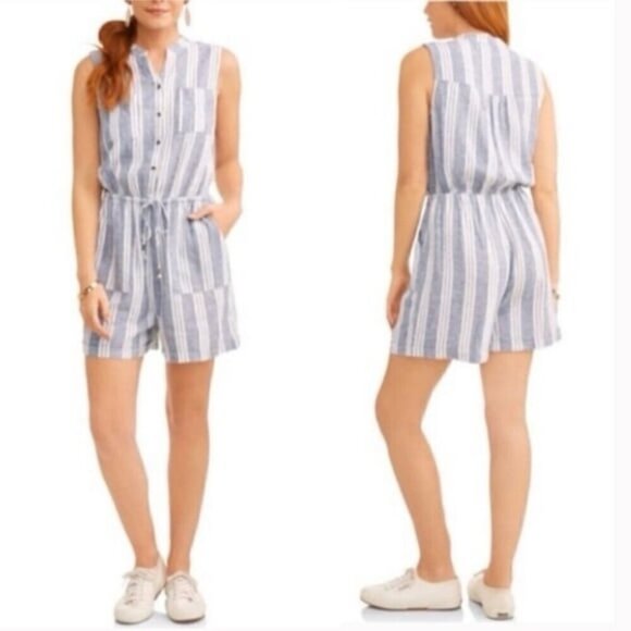 Kelly Renee white black red striped linen blend romper with pockets - Picture 1 of 9